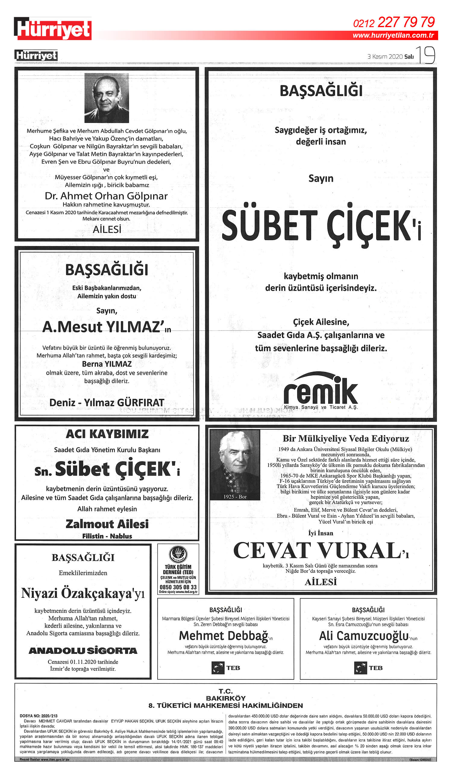 3 kasim sali vefat ilanlari hurriyet ilan servisi