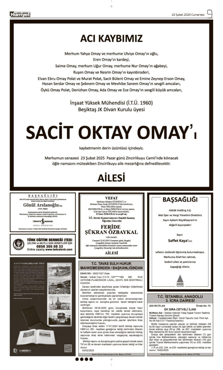 Hürriyet 22 Şubat Vefat