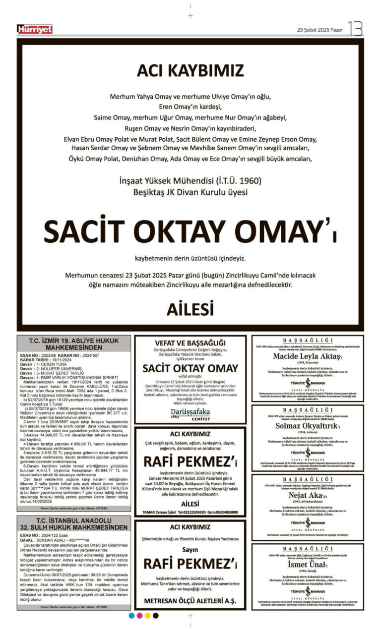 Hürriyet 23 Şubat Vefat İlanı