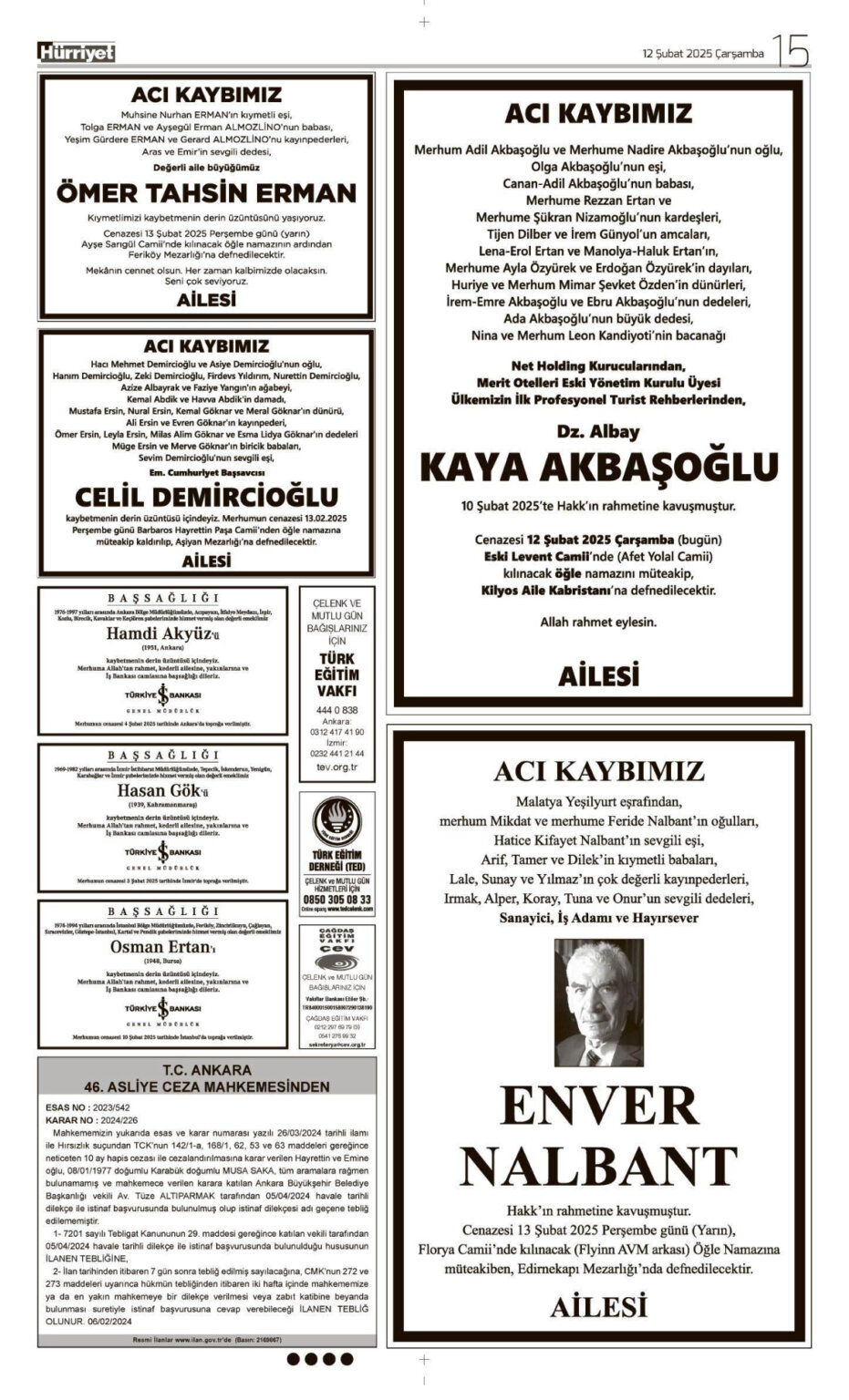 Hürriyet 12 Şubat Vefat