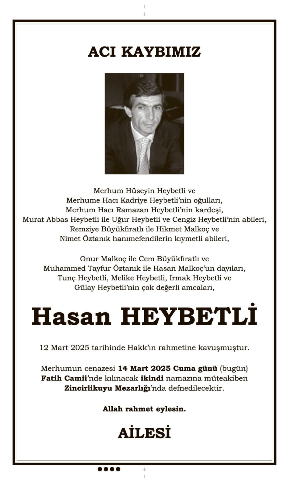 Hürriyet 14 Mart Vefat İlanları
