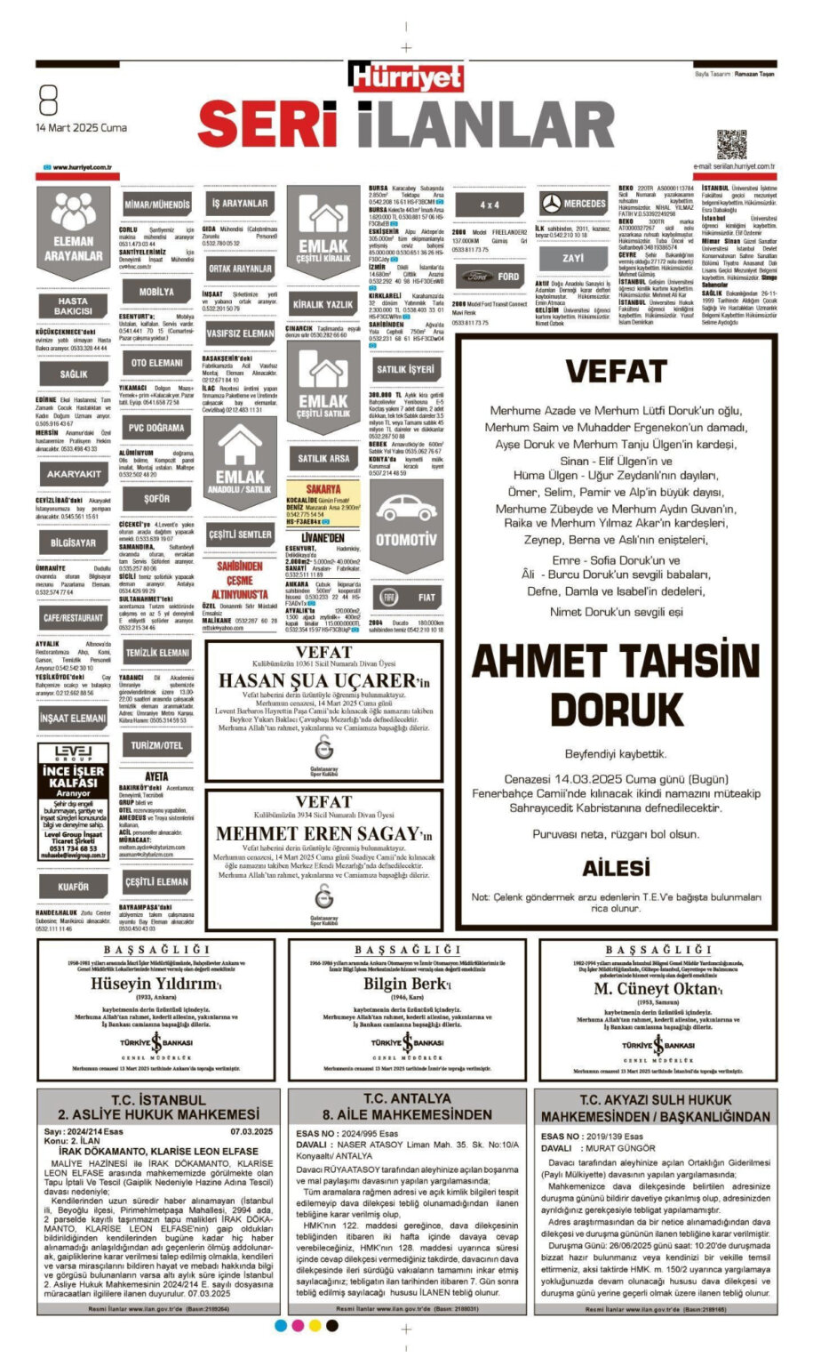 Hürriyet 14 Mart Vefat İlanları 2