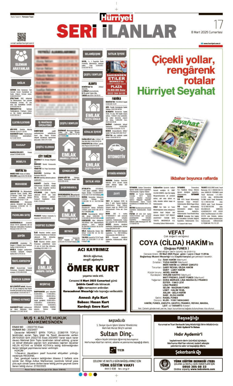 Hürriyet Gazetesi 8 Mart Vefat İlanları