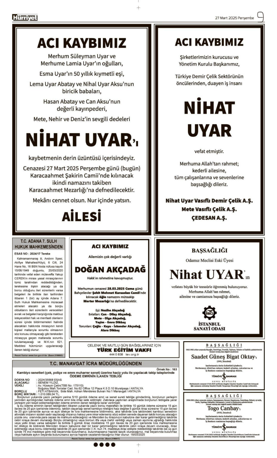 27 Mart Vefat İlanı