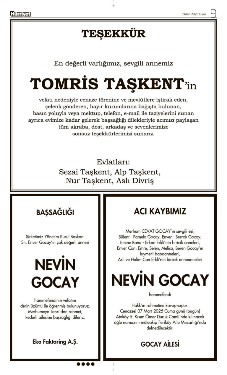 Tomris Taşkent Teşekkür İlanı