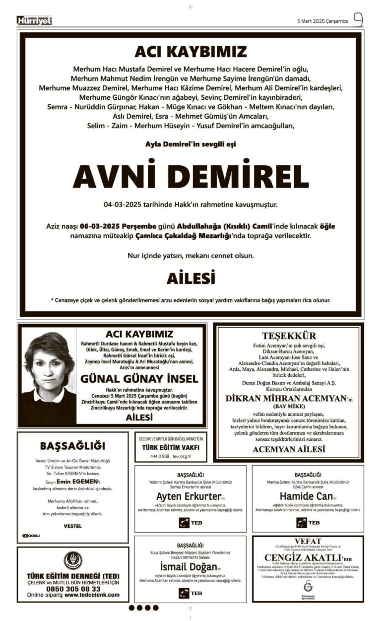 5 Mart Avni Demirel Vefat İlanı