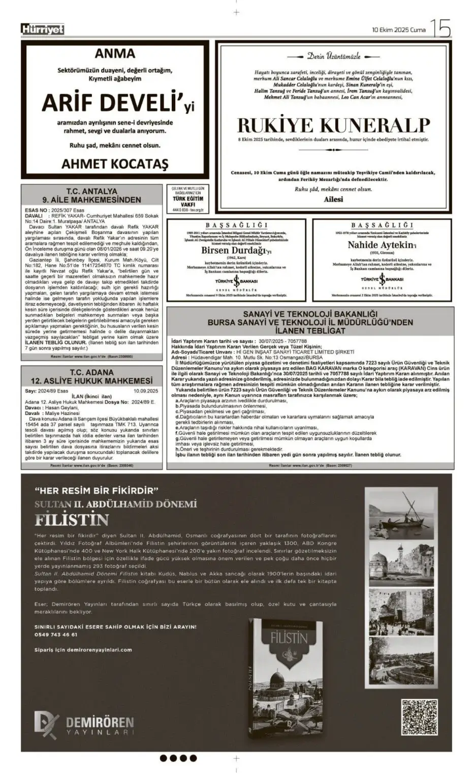 Hürriyet gazetesi 10 Ekim İlanları