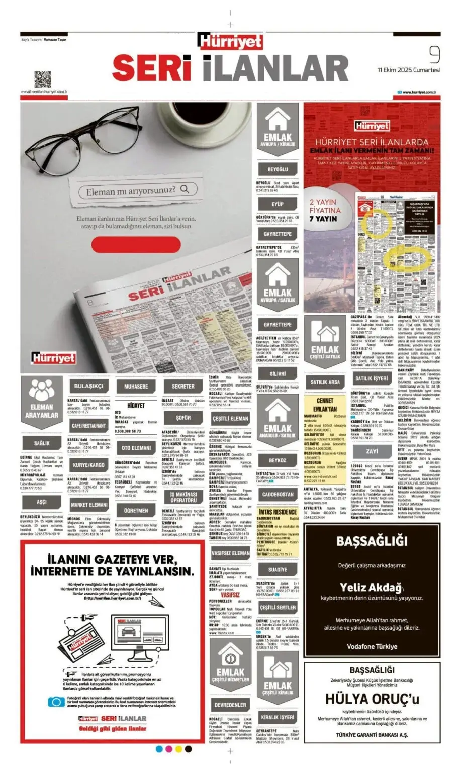 Hürriyet gazetesi 11 Ekim İlanları
