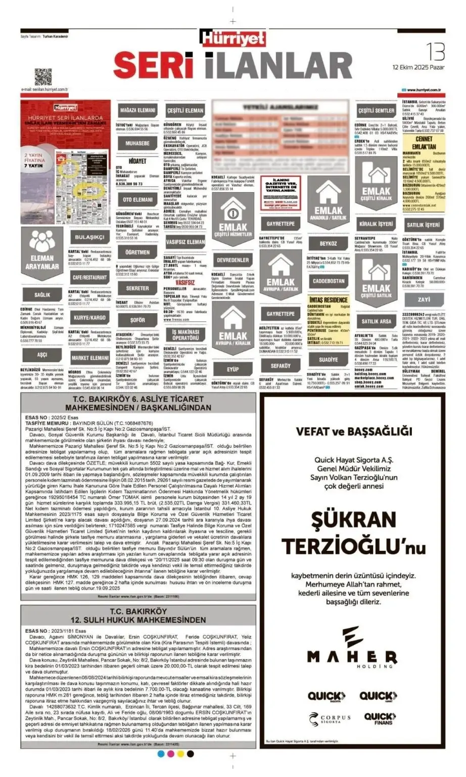 Hürriyet gazetesi 12 Ekim İlanları
