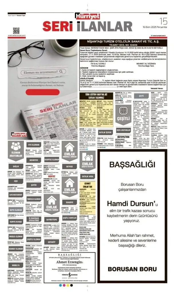 Hürriyet 16 Ekim İlanları
