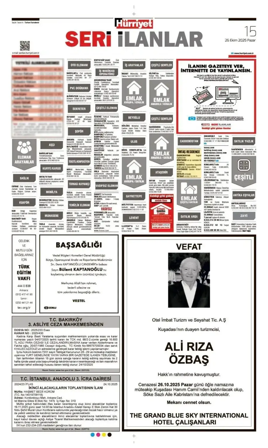 Hürriyet 26 Ekim İlanları