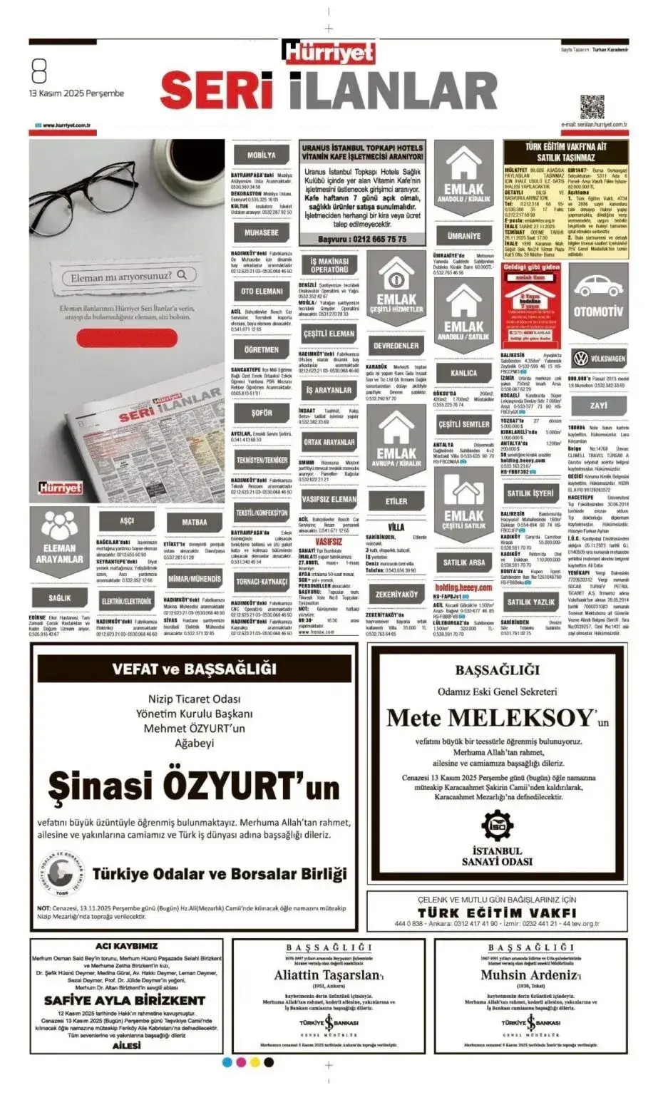 Hürriyet 13 Kasım 2025 İlanları