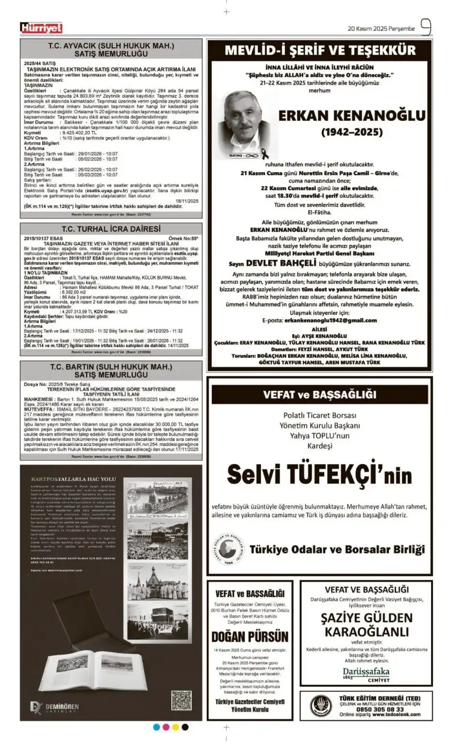 Hürriyet Gazetesi 20 Kasım 2025 İlanları