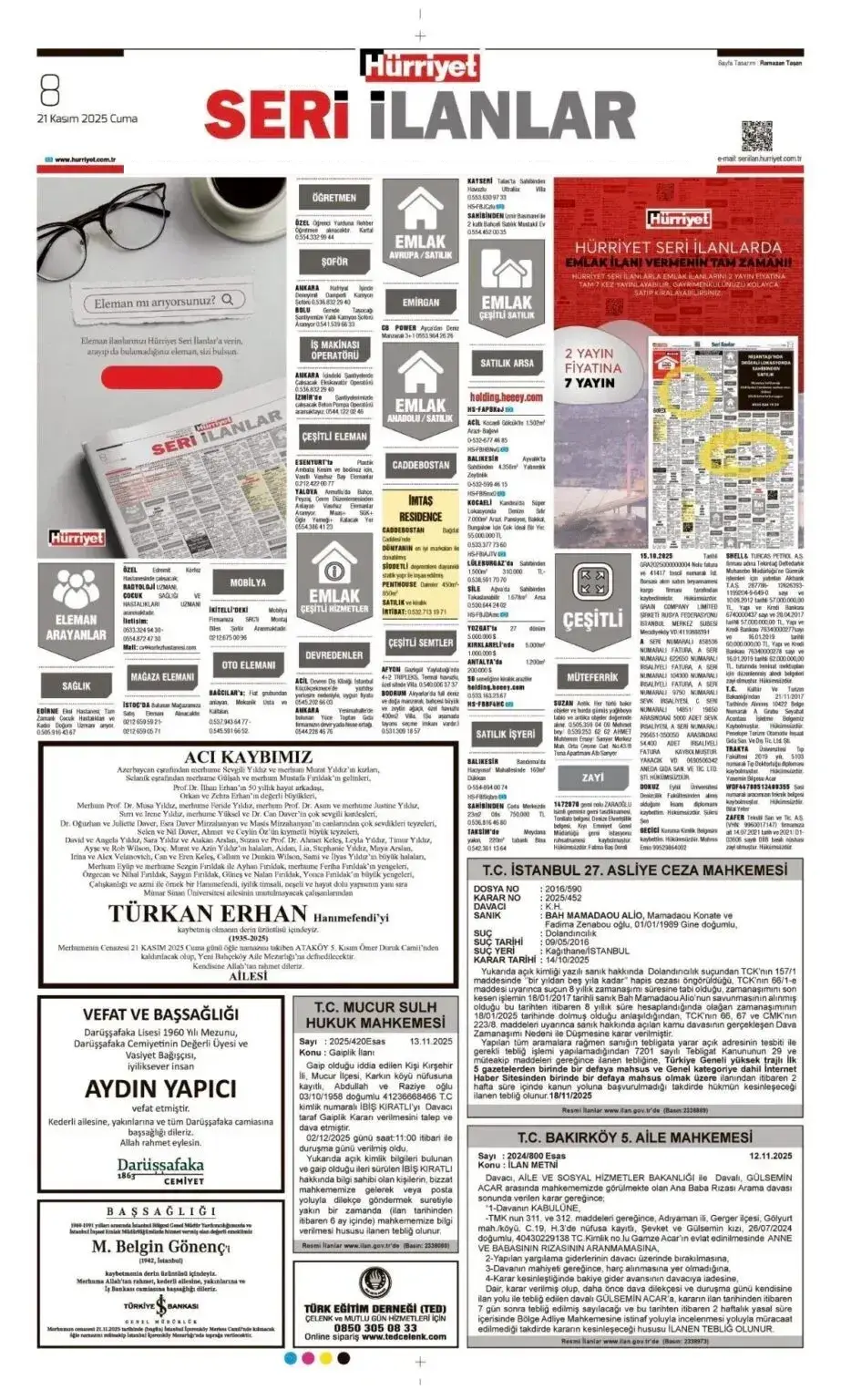 Hürriyet Gazetesi 21 Kasım 2025 İlanları