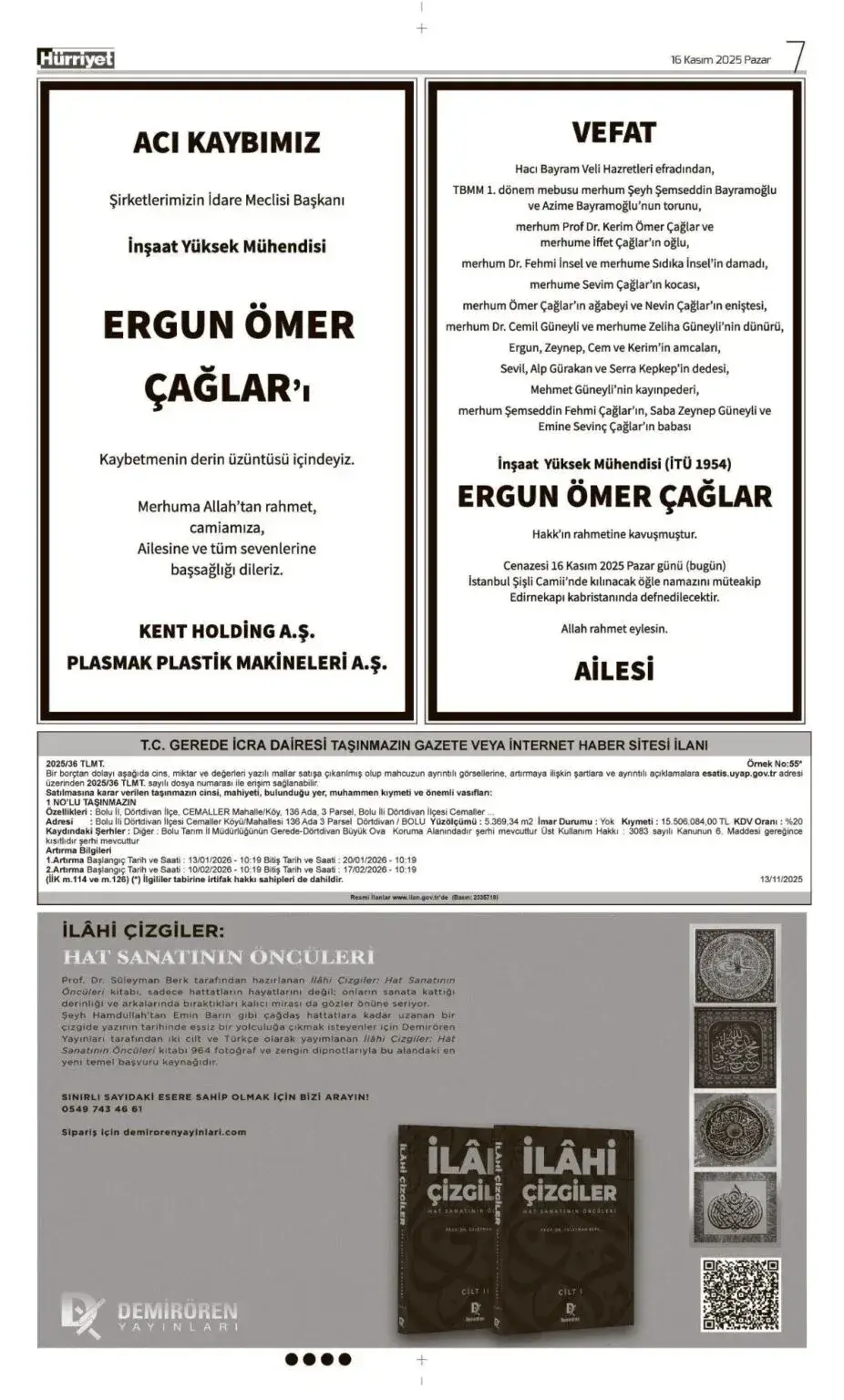 Hürriyet 16 Kasım 2025 İlanları