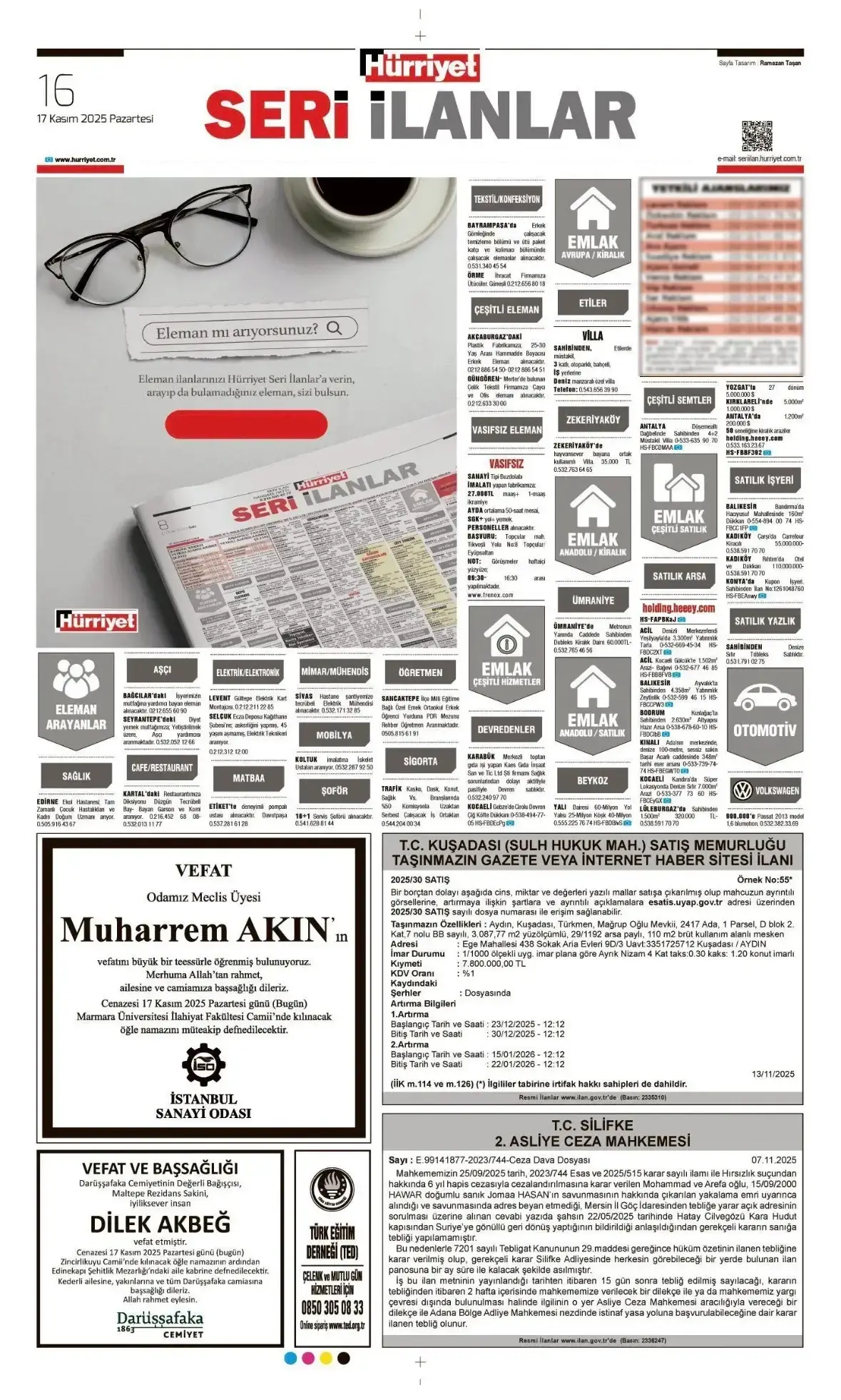 Hürriyet 17 Kasım 2025 İlanları