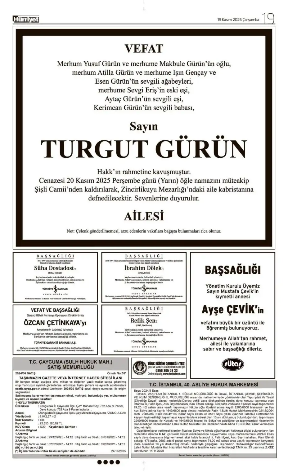 Hürriyet 19 Kasım 2025 İlanları