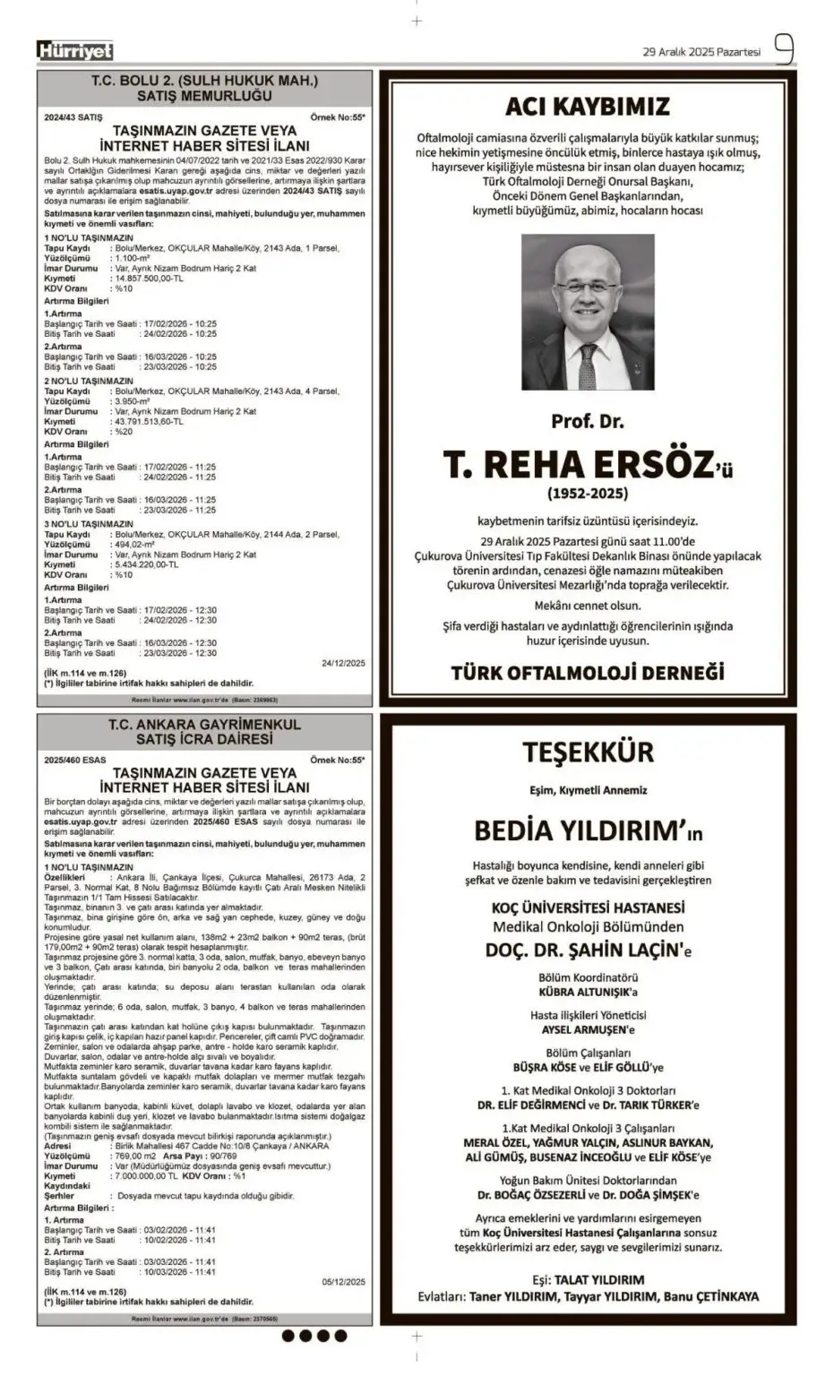 Hürriyet 29 Aralık Vefat