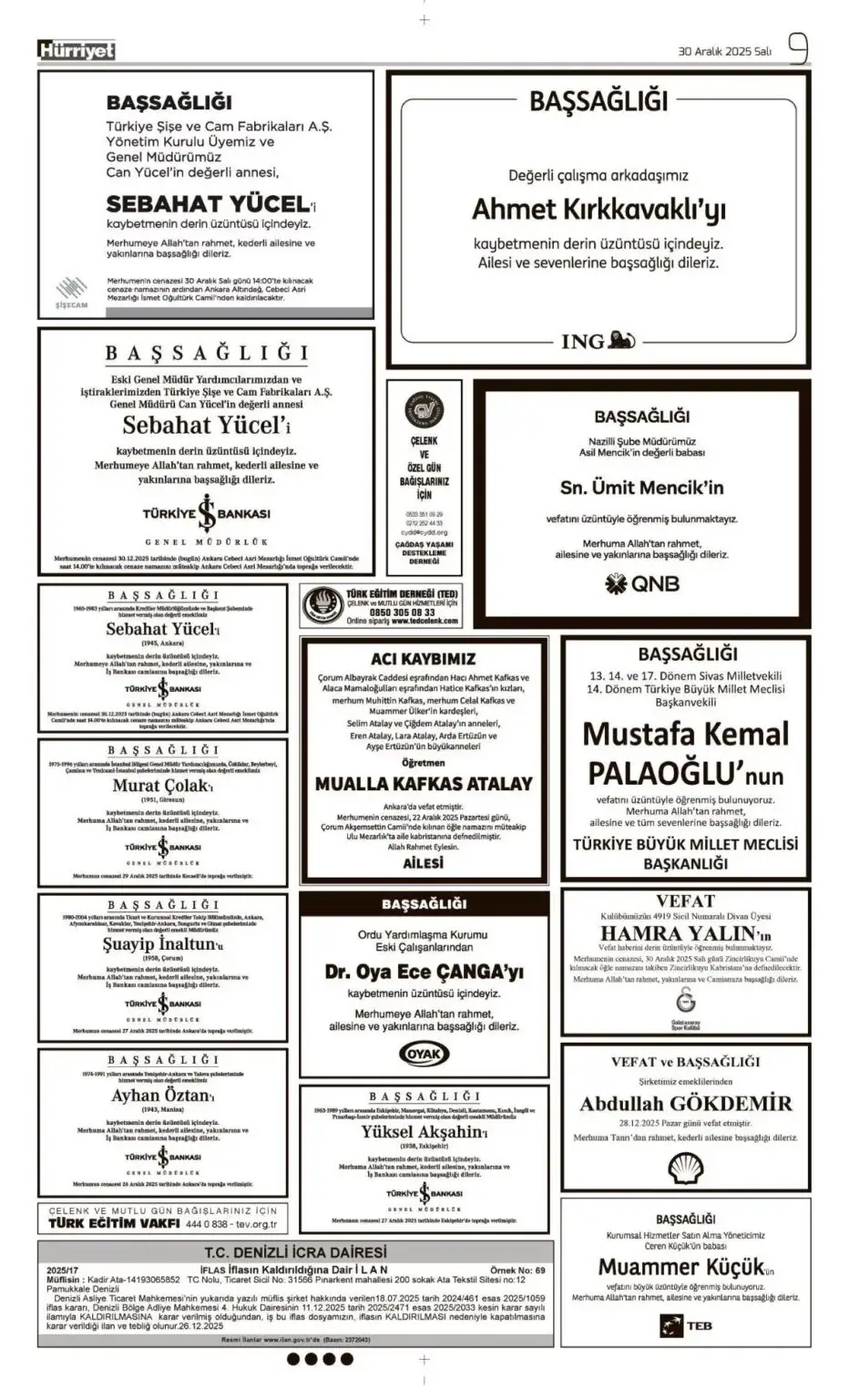 Hürriyet 30 Aralık Vefat