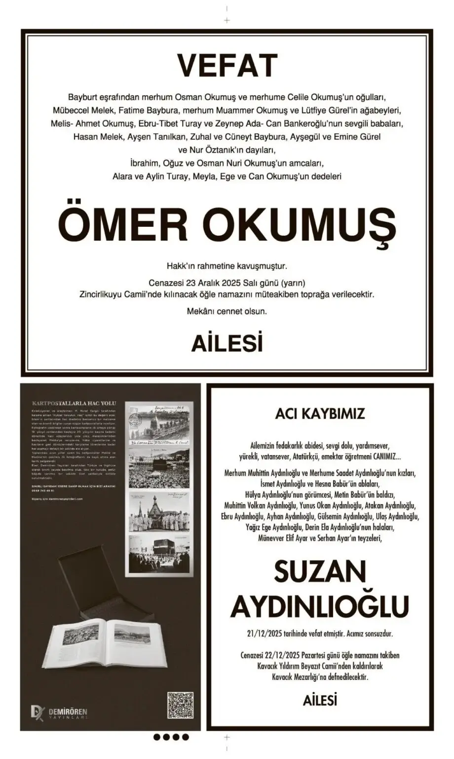 Hürriyet 22 Aralık Vefat İlanları