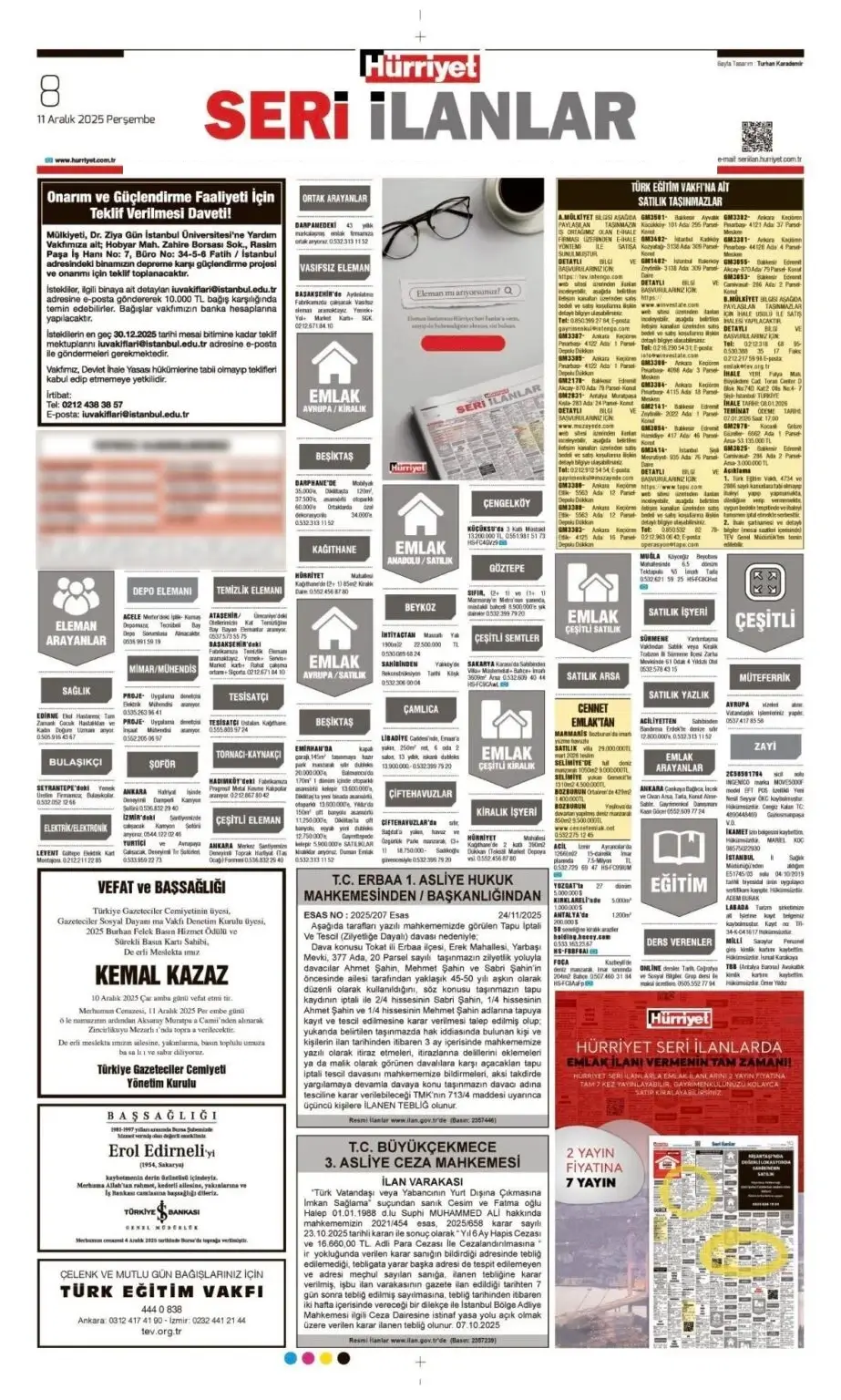 Hürriyet 11 Aralik İlanları