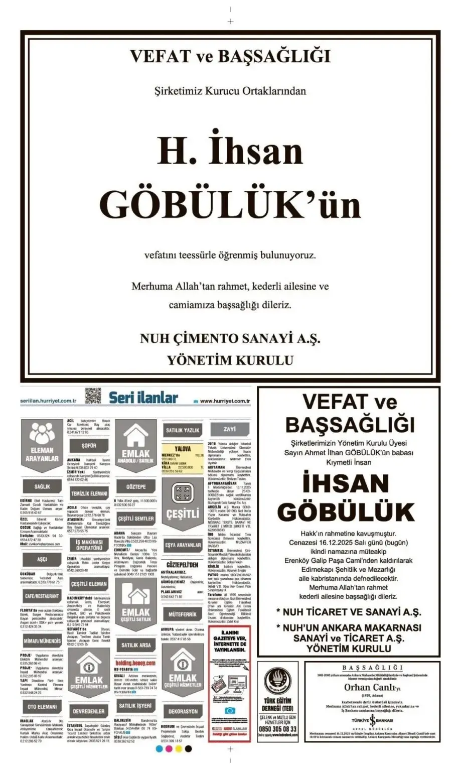 Hürriyet 16 Aralık İlanları