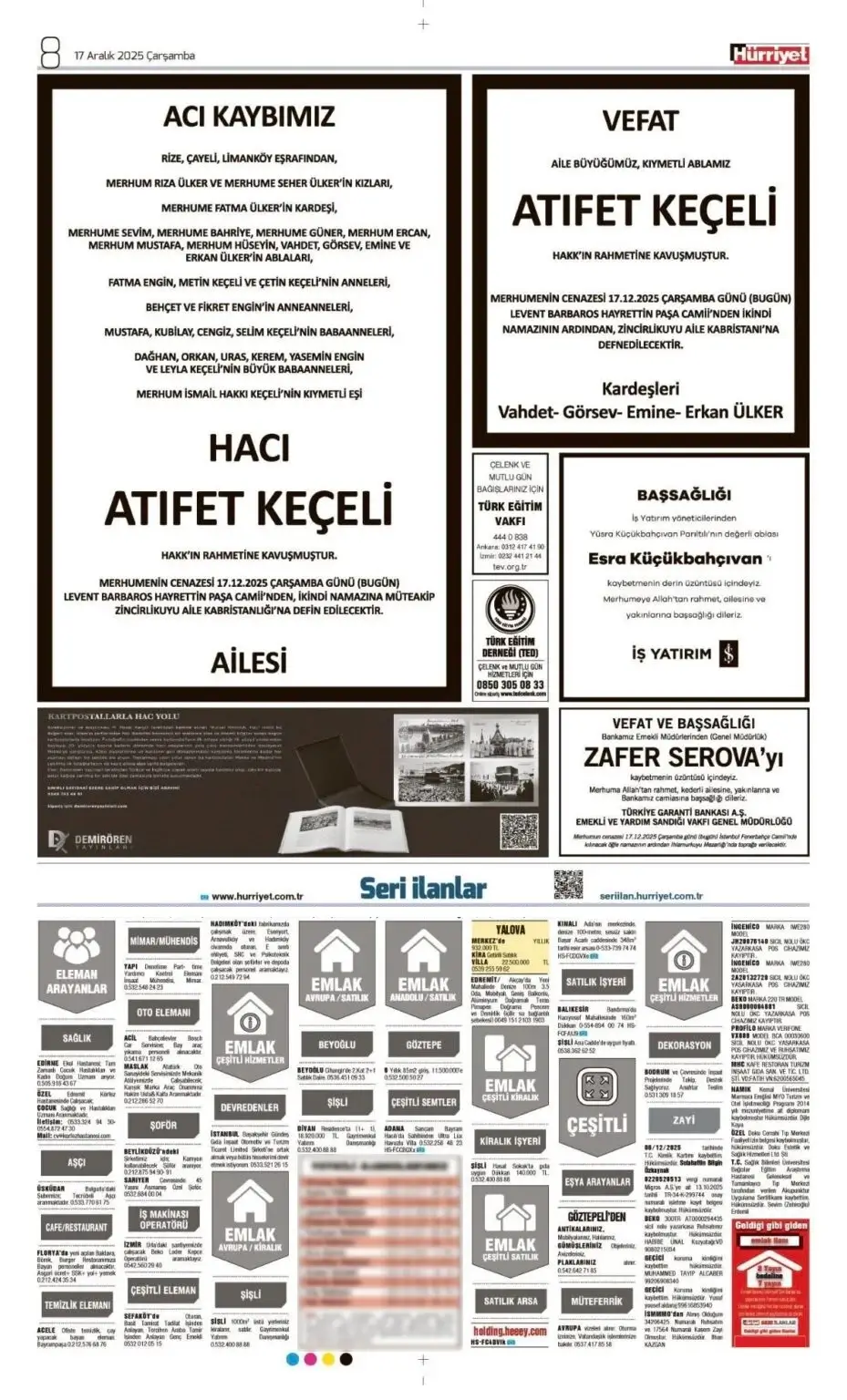 Hürriyet 17 Aralık İlanları 2