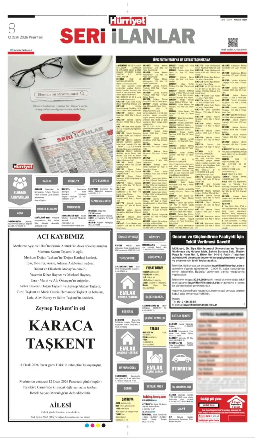Hürriyet Bugünkü 12 Ocak Vefat İlanları
