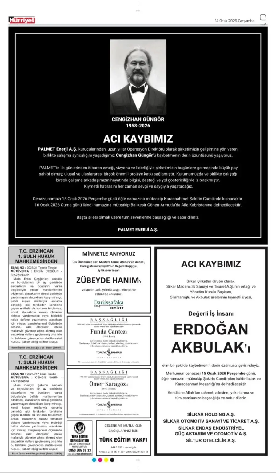 Hürriyet Gazetesi 14 Ocak 2026 İlanları