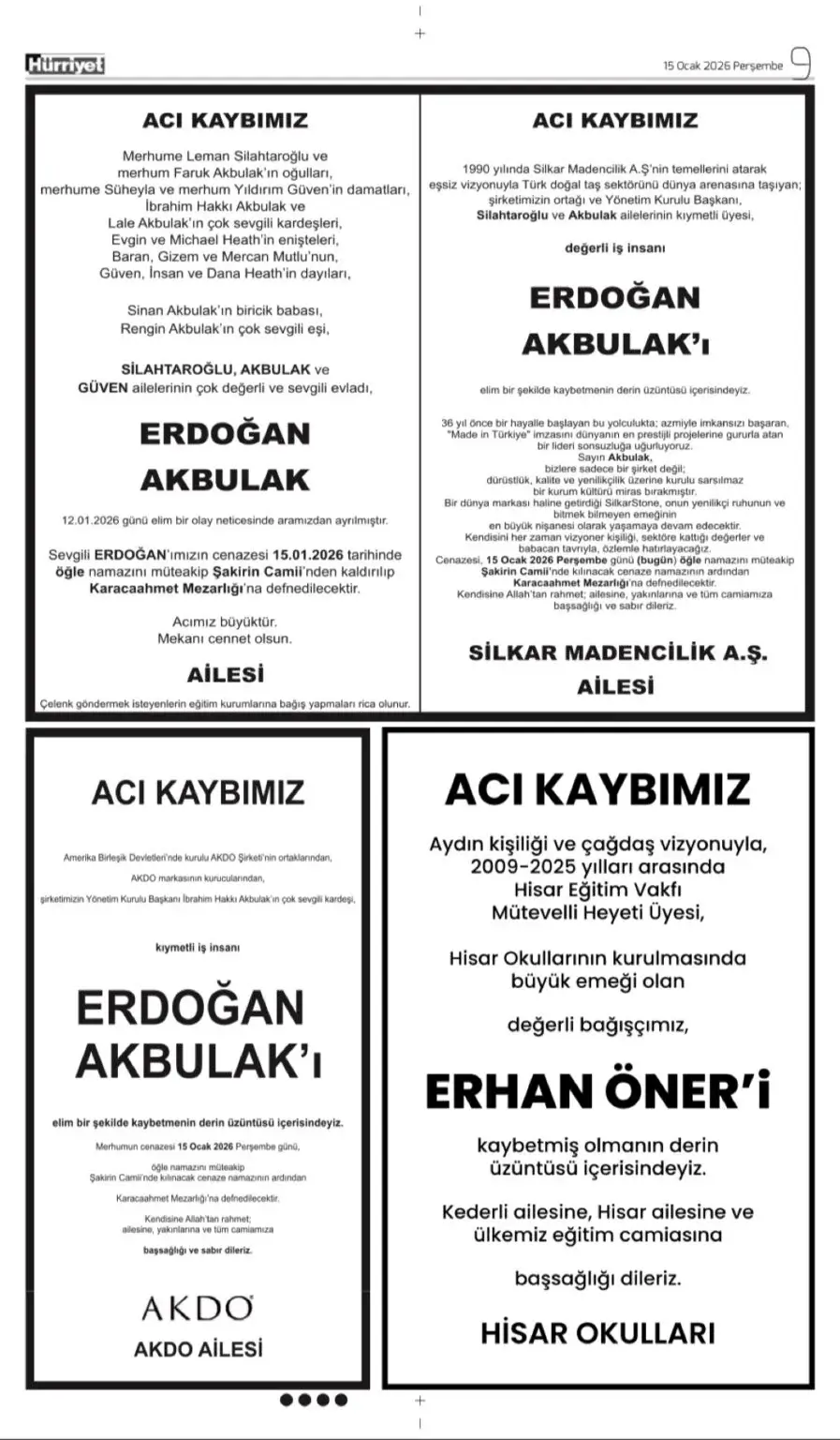 Hürriyet Gazetesi 15 Ocak 2026 İlanları