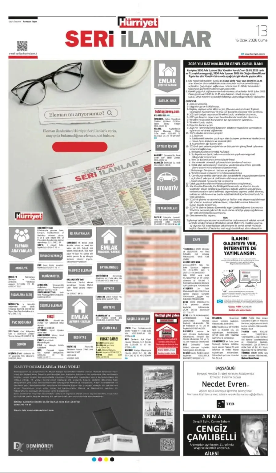 Hürriyet Gazetesi 16 Ocak 2026 İlanları