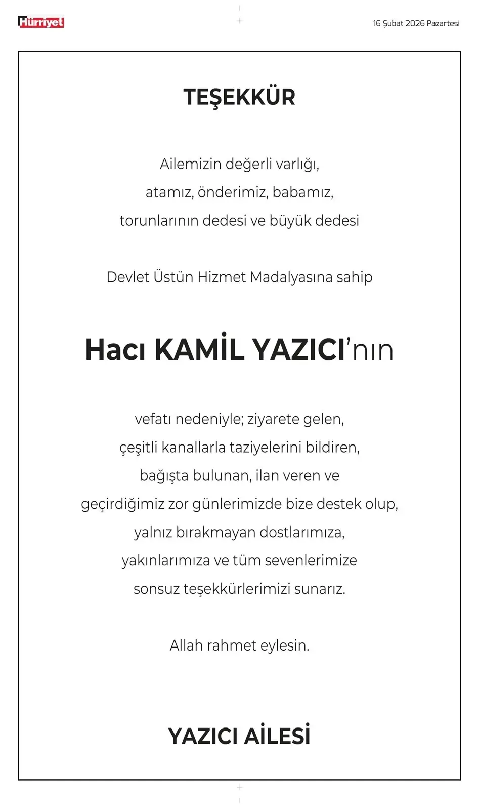 Hürriyet Gazetesi 16 Şubat 2026 İlanları
