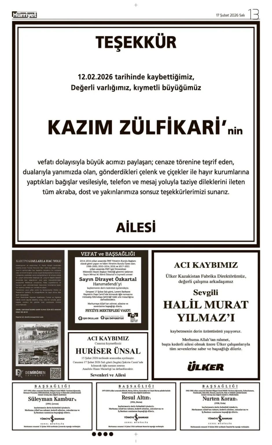 Hürriyet Gazetesi 17 Şubat 2026 İlanları