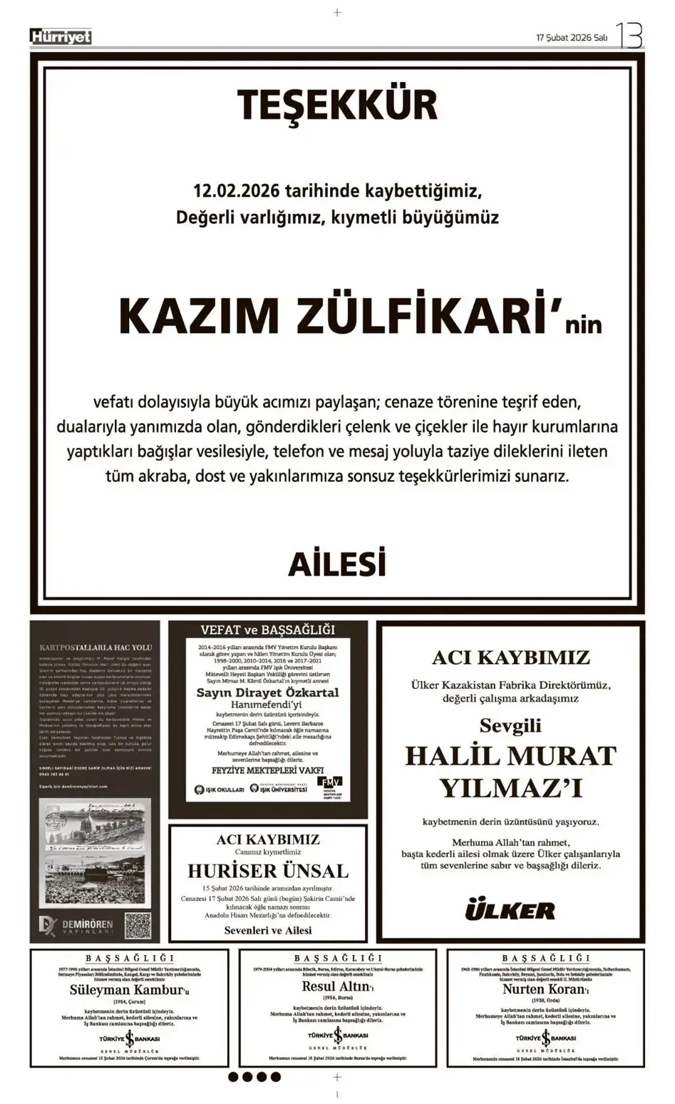 Hürriyet Gazetesi 17 Şubat 2026 İlanları