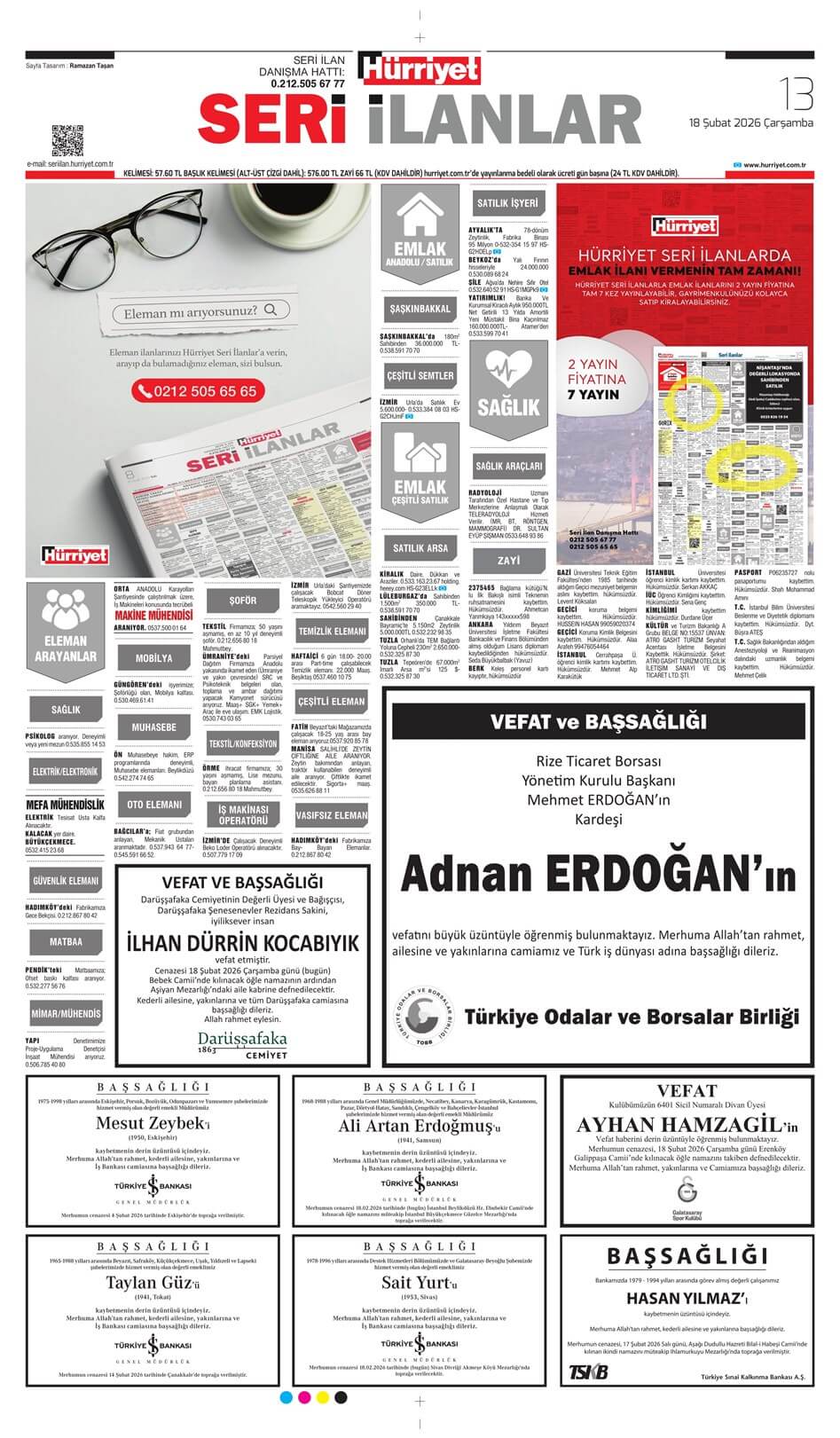 Hürriyet Gazetesi 18 Şubat 2026 İlanları