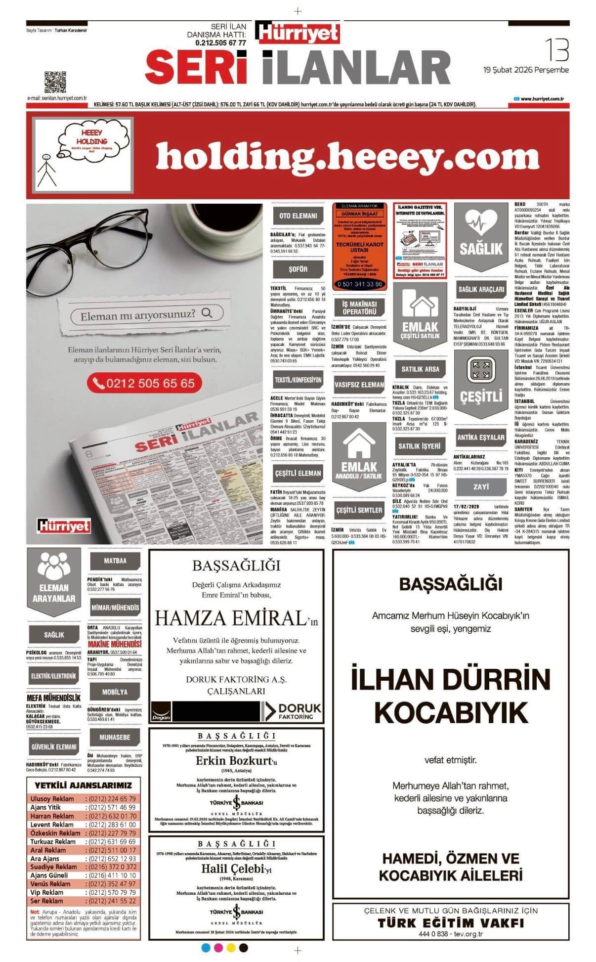 Hürriyet Gazetesi 19 Şubat 2026 İlanları