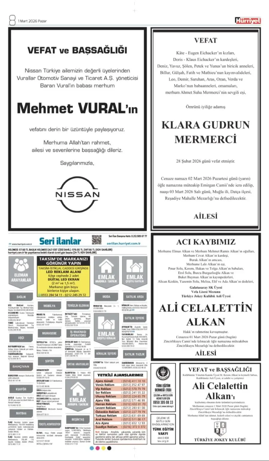Hürriyet Gazetesi 1 Mart 2026 İlanları