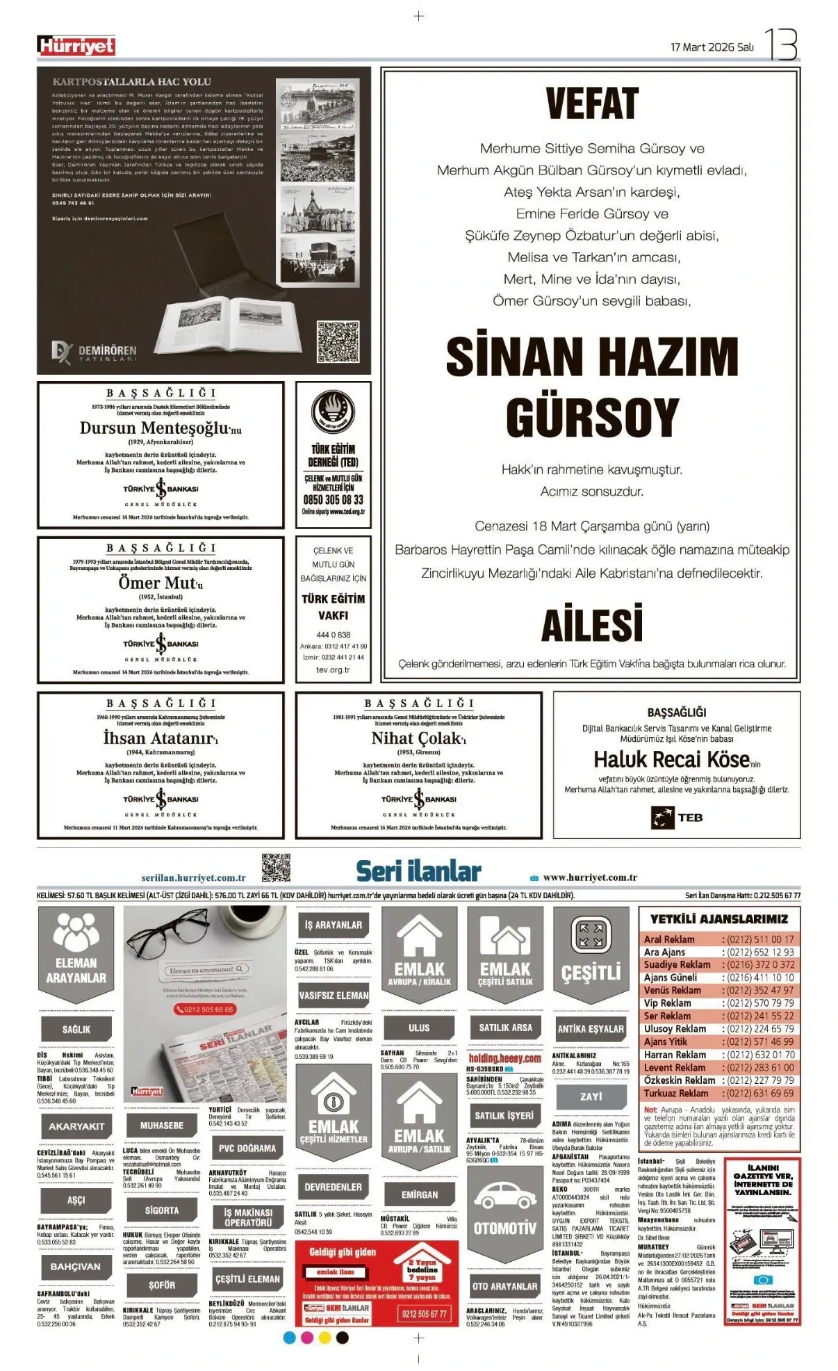 Hürriyet Gazetesi 17 Mart İlanları
