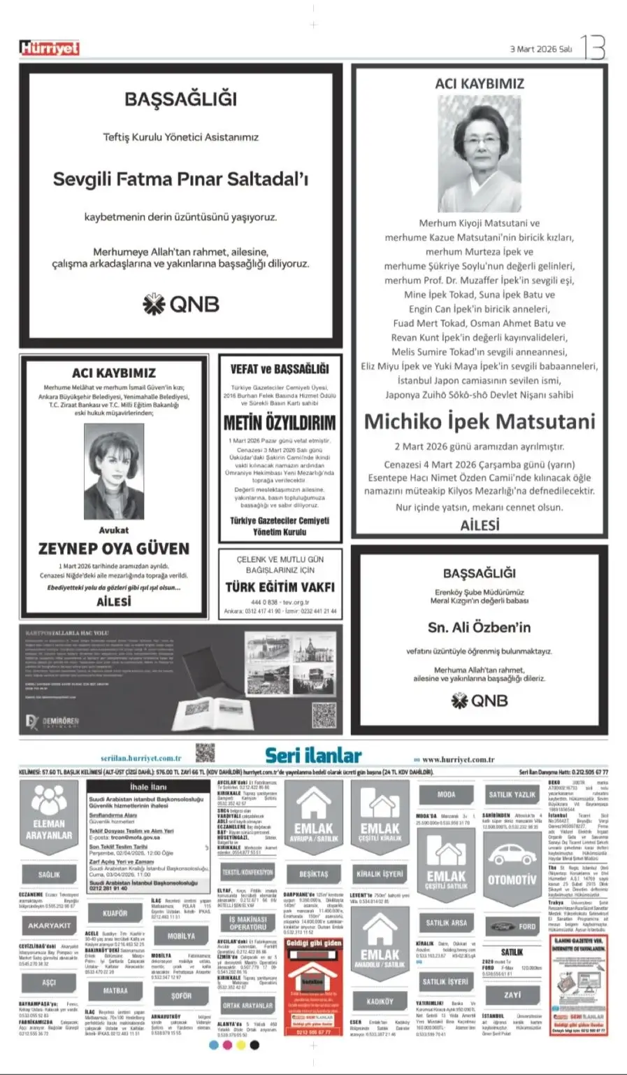Hürriyet Gazetesi 3 Mart 2026 İlanları