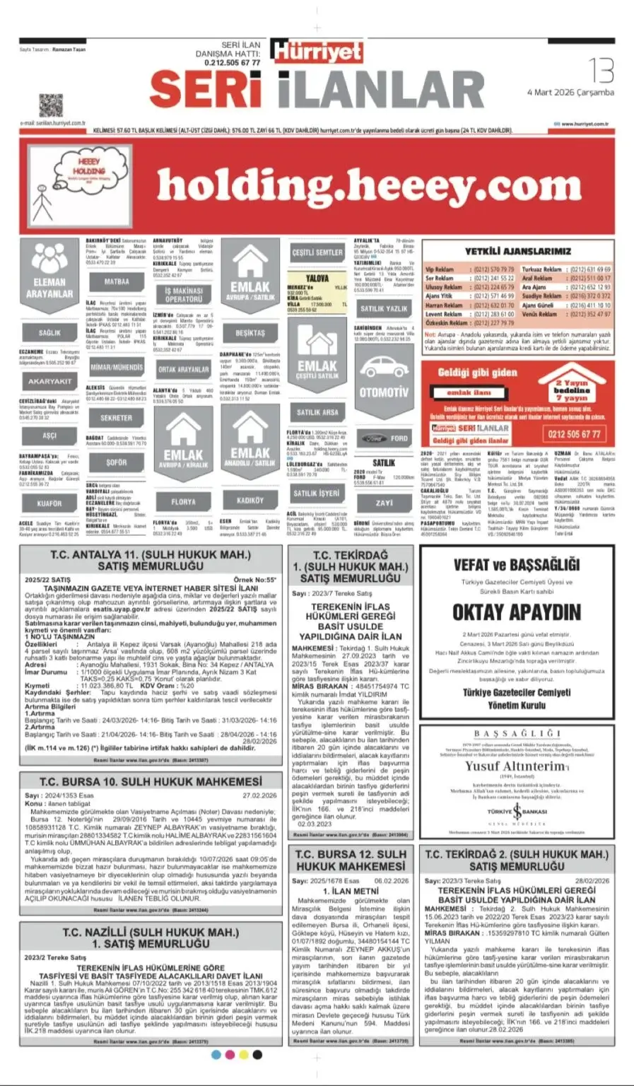 Hürriyet Gazetesi 4 Mart 2026 İlanları