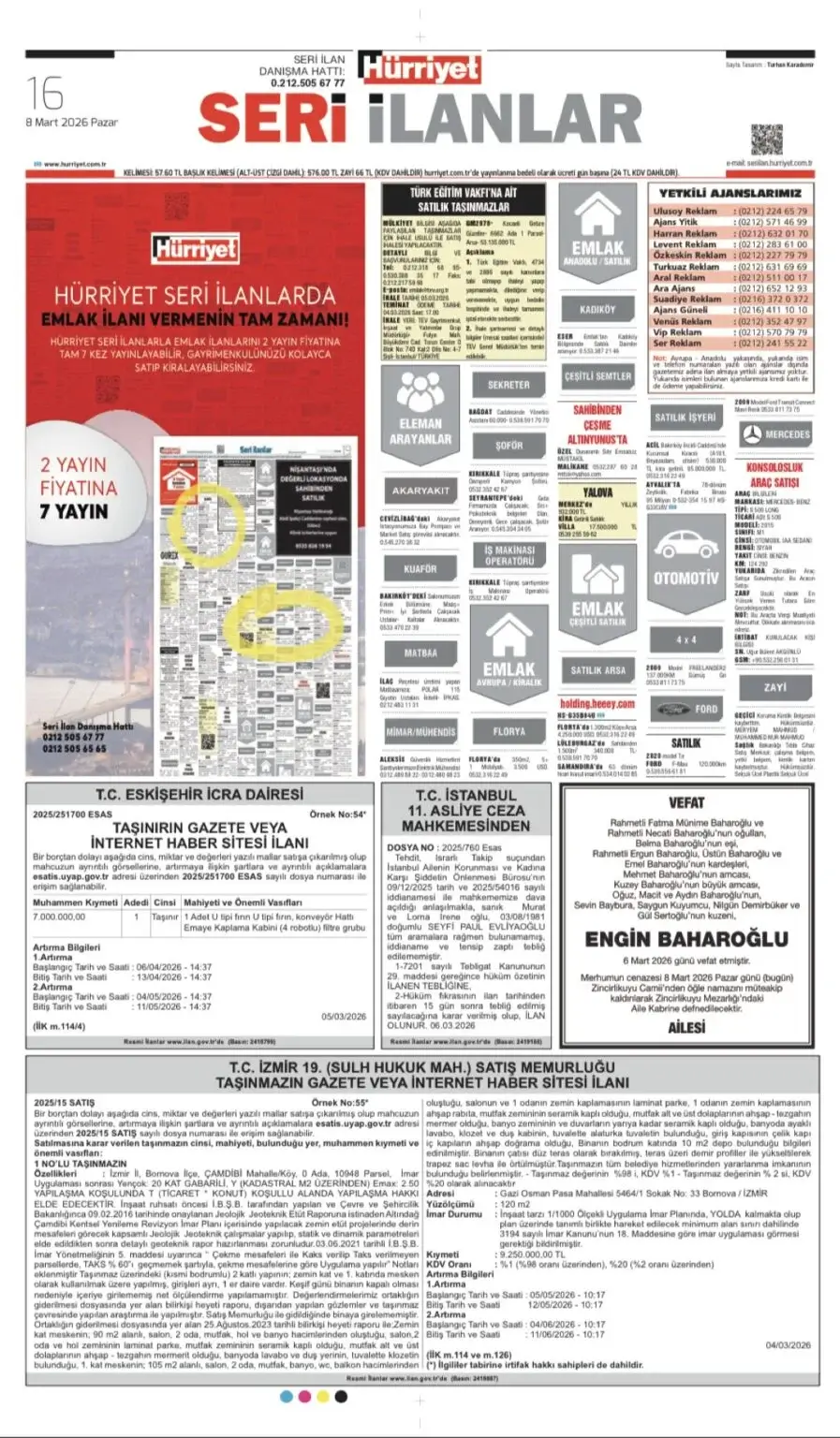 Hürriyet Gazetesi 8 Mart 2026 İlanları
