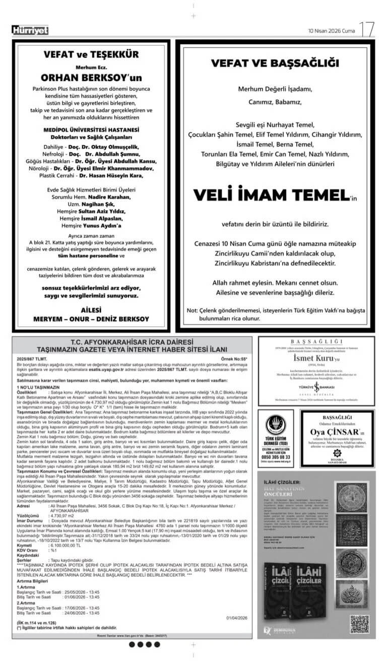Hürriyet Gazetesi 10 Nisan İlanları