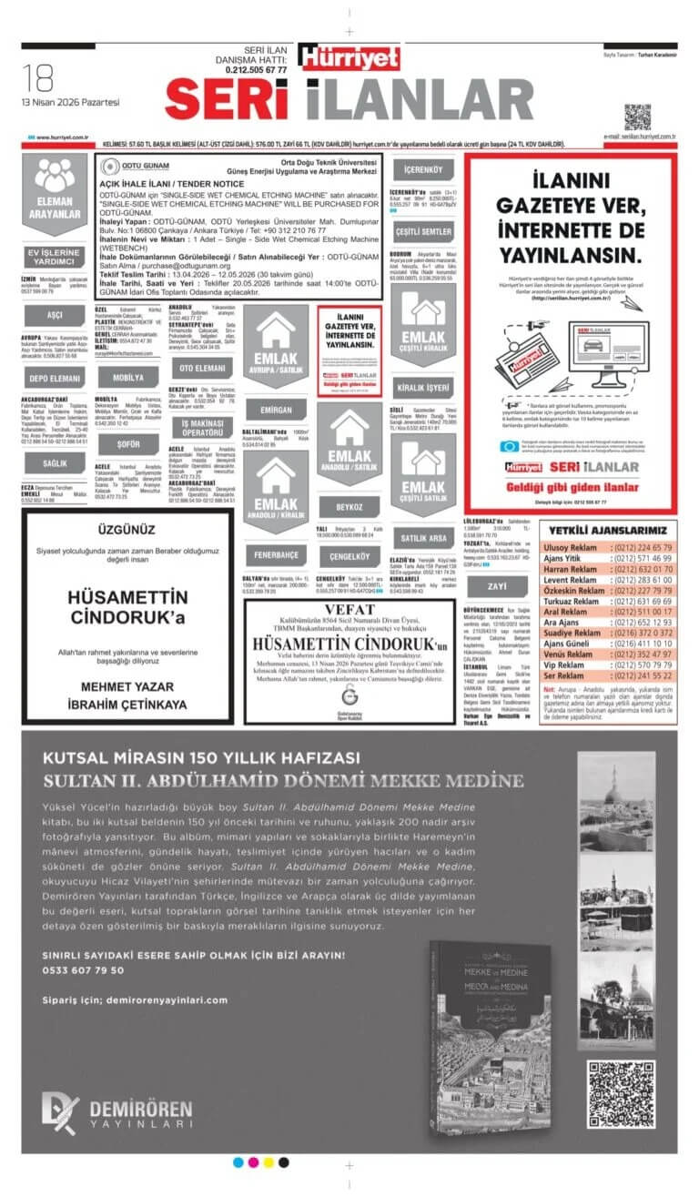 Hürriyet Gazetesi 13 Nisan İlanları