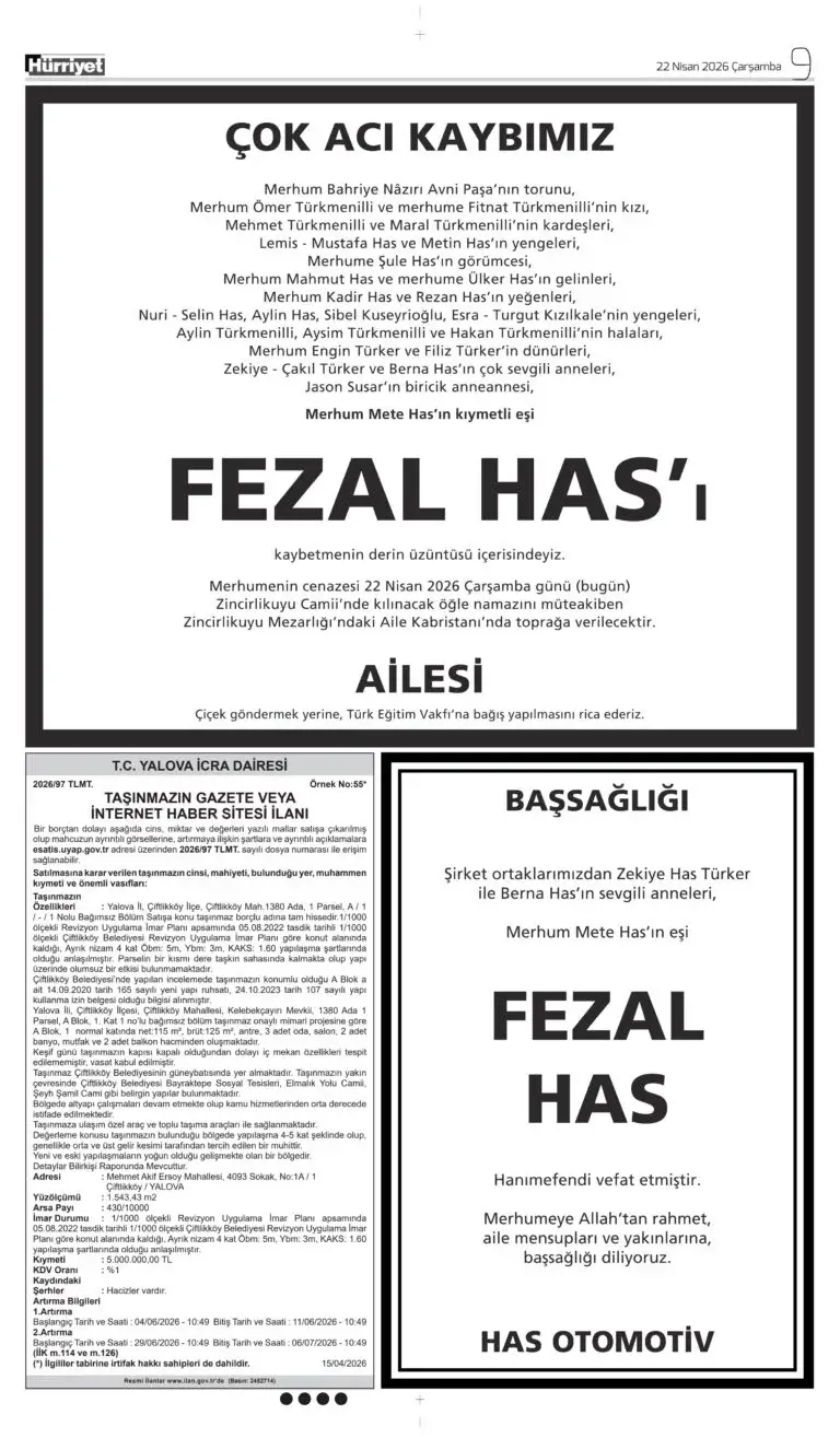 Hürriyet 22 Nisan 2026 İlanları
