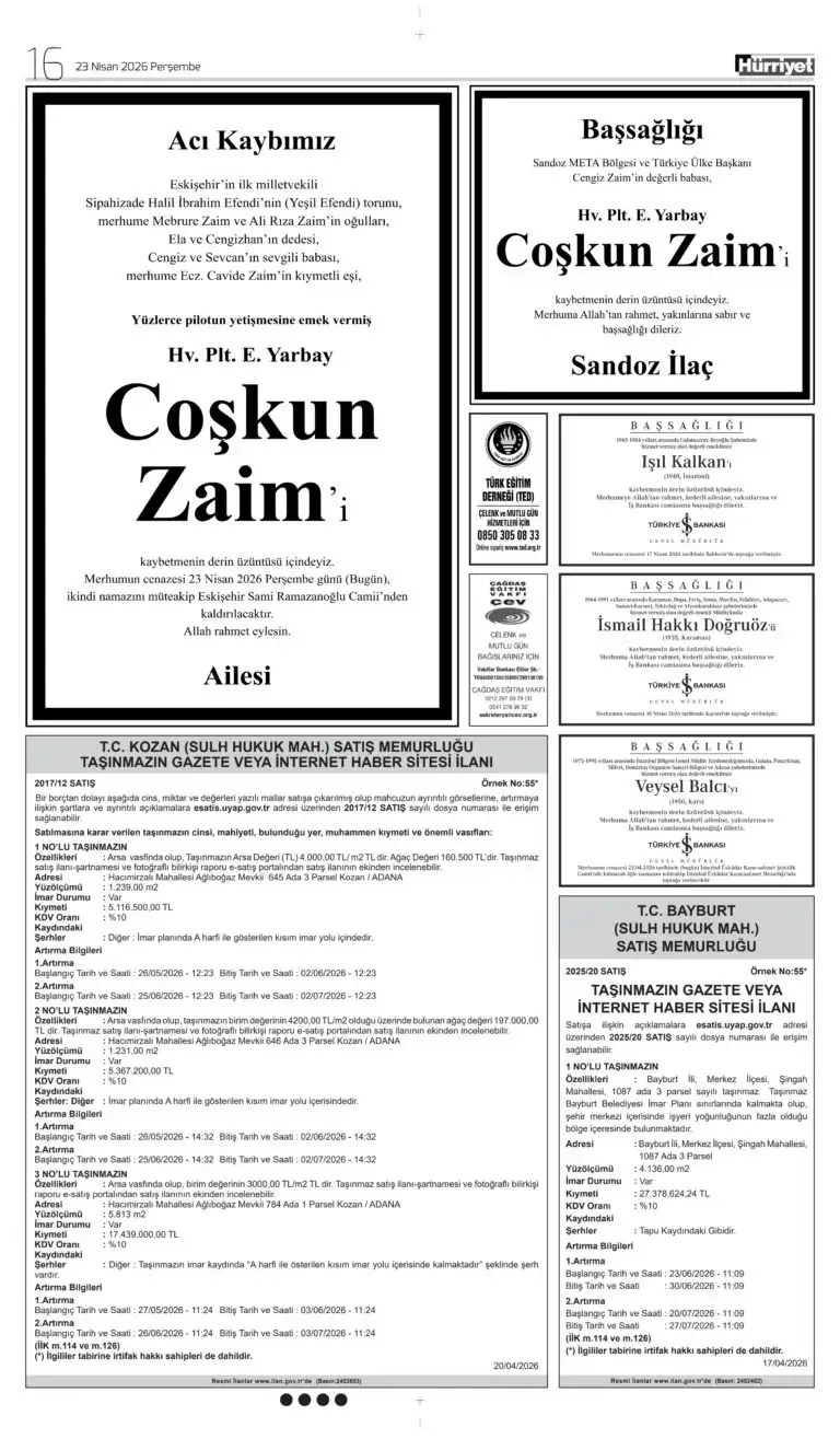 Hürriyet 23 Nisan 2026 İlanları
