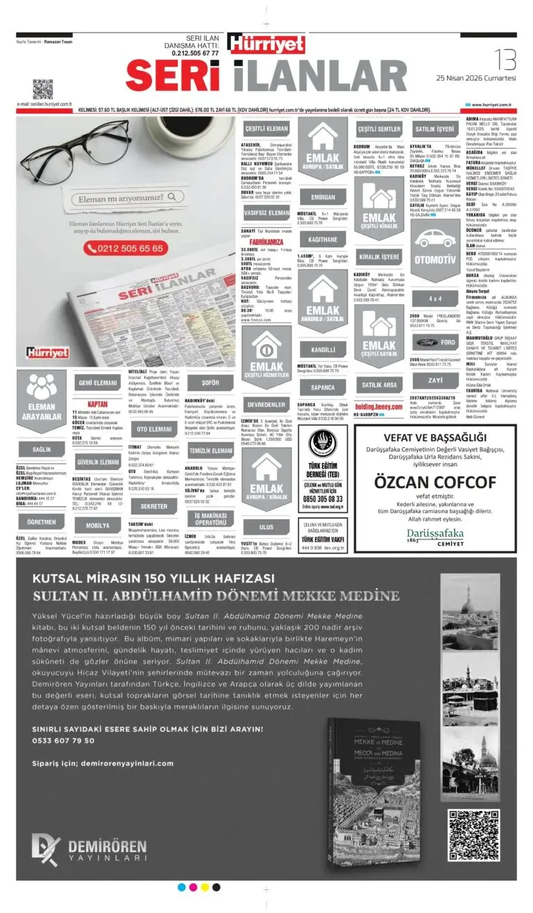 Hürriyet 25 Nisan 2026 İlanları
