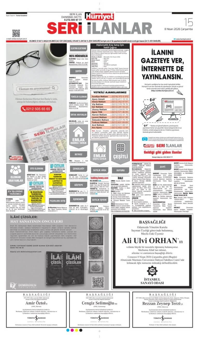 Hürriyet Gazetesi 8 Nisan İlanları