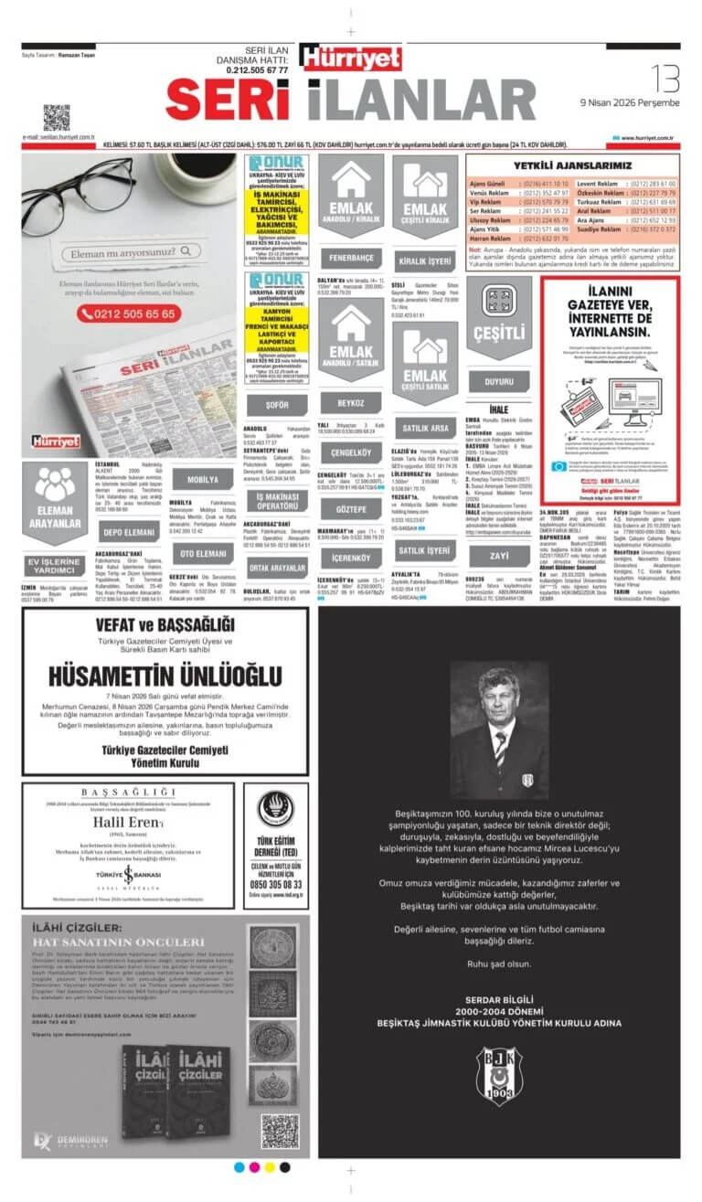 Hürriyet Gazetesi 9 Nisan İlanları