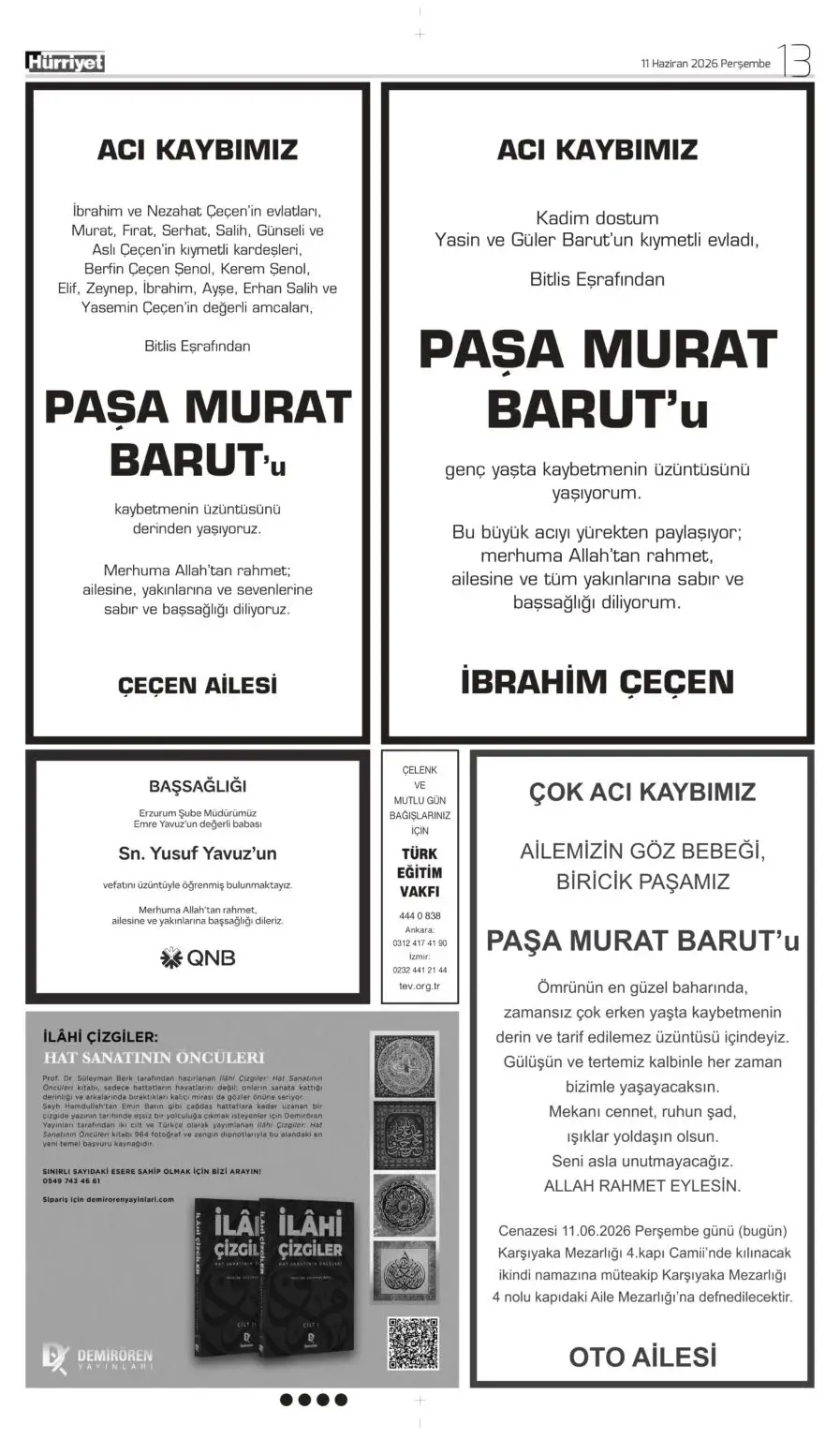 11 Haziran 2026 Hürriyet Vefat, Başsağlığı ilanı