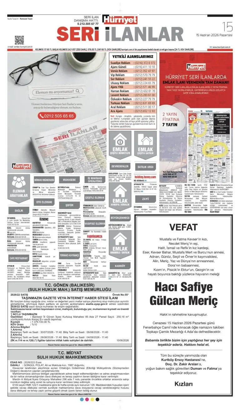 15 Haziran 2026 Hürriyet Vefat, Başsağlığı ilanı